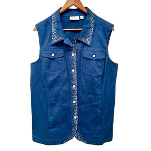 Quacker Factory Women's Embellished Studded Denim Vest Jacket Blue Size L